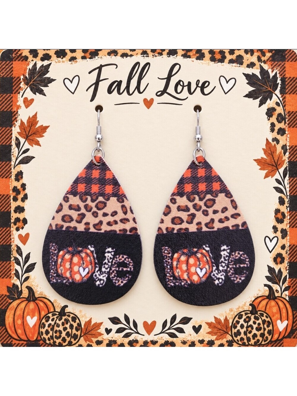 Fall in Love Plaid Pumpkin Thanksgiving Halloween Fake Leather Teardrop Earrings